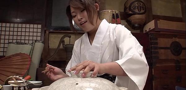 Japanese babe gets horny and fucks herself with a carrot till the master cums and give her a very hugh creampie